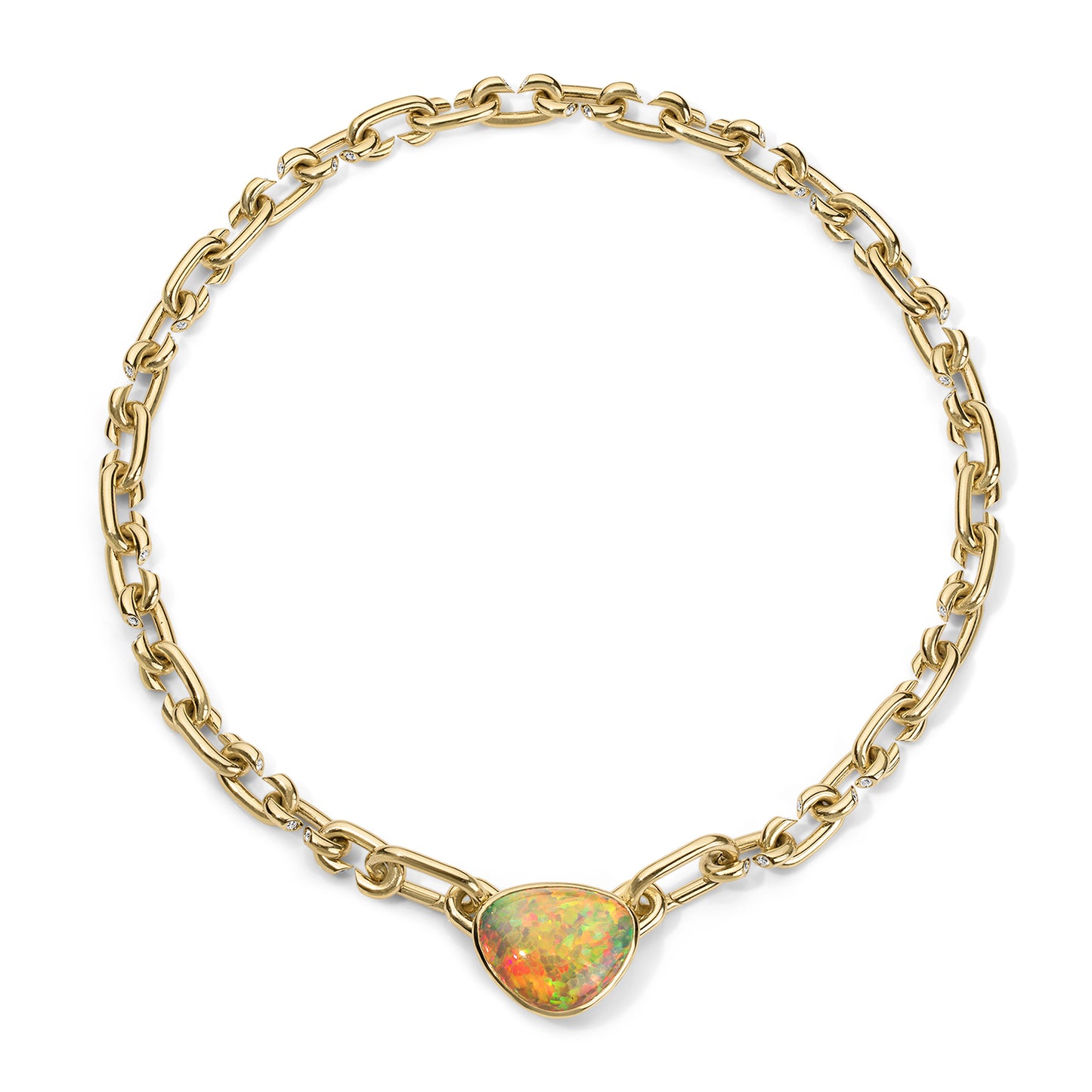 Gold chain necklace with a heart-shaped opal stone on a white background