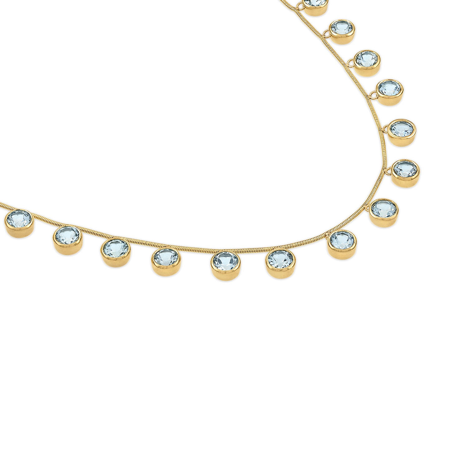 Gold necklace with Aquamarines on a white background