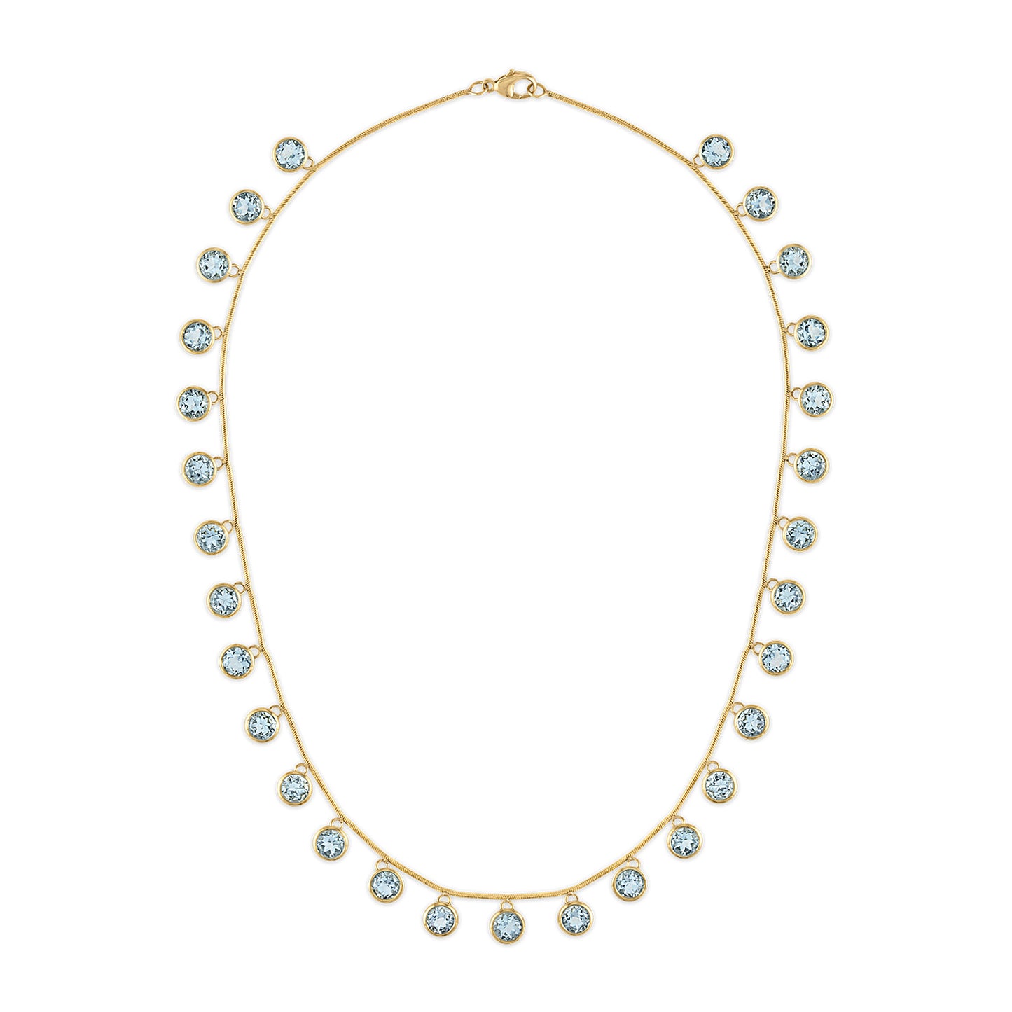 Gold necklace with Aquamarines on a white background