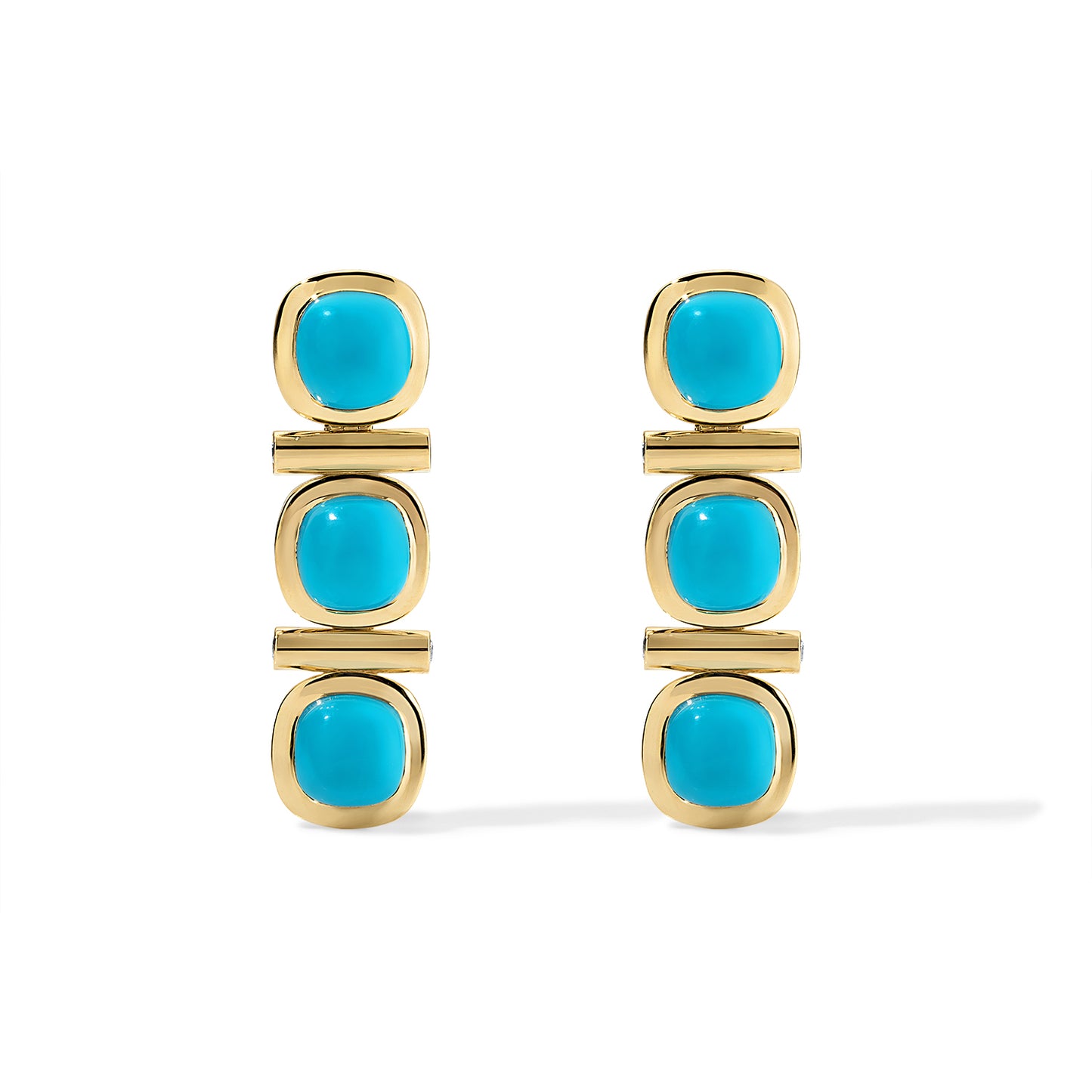 Pair of gold earrings with turquoise stones on a white background