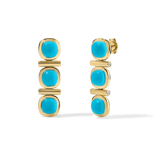 Gold earrings with turquoise stones on a white background