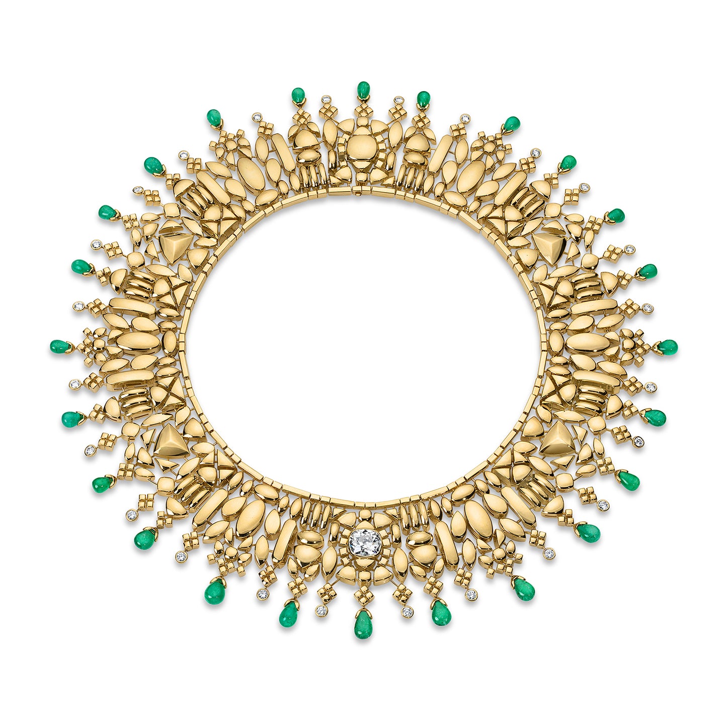 Gold necklace with emerald stones on a white background