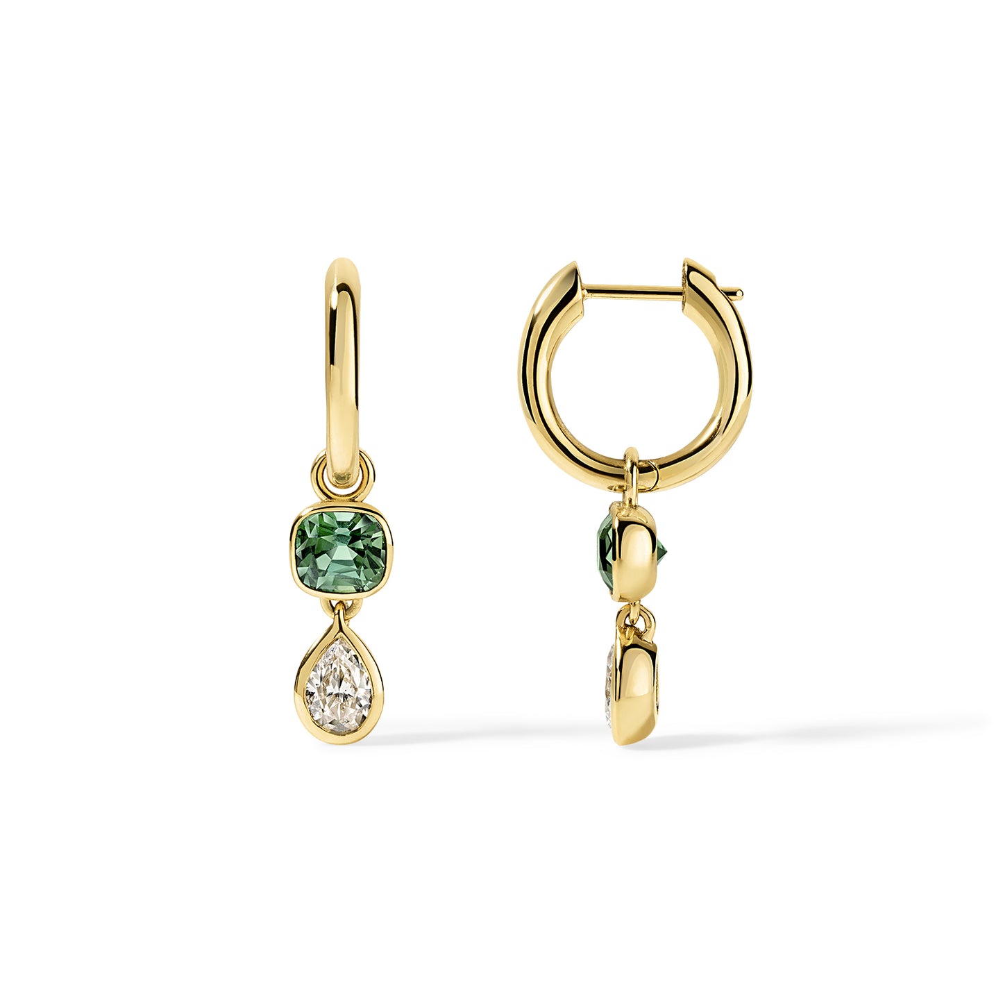Louise Hoops 1.29tcw Green Tourmaline Cushion and 0.75tcw Pear Diamonds