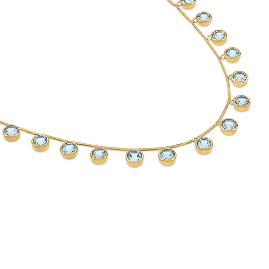 Gold necklace with Aquamarines on a white background