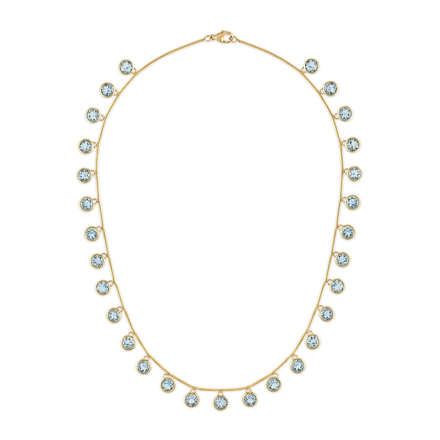 Gold necklace with Aquamarines on a white background