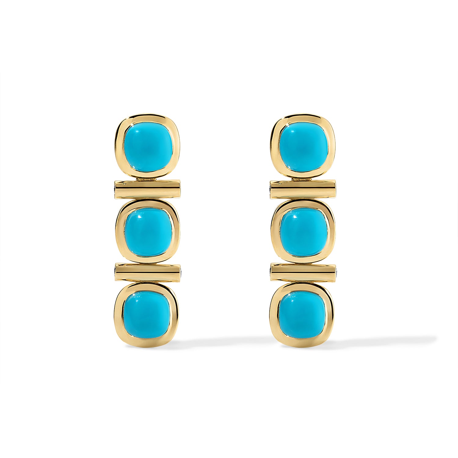 Pair of gold earrings with turquoise stones on a white background