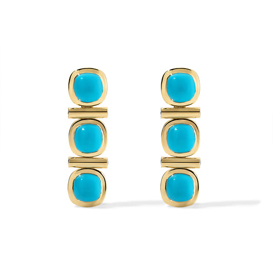 Pair of gold earrings with turquoise stones on a white background