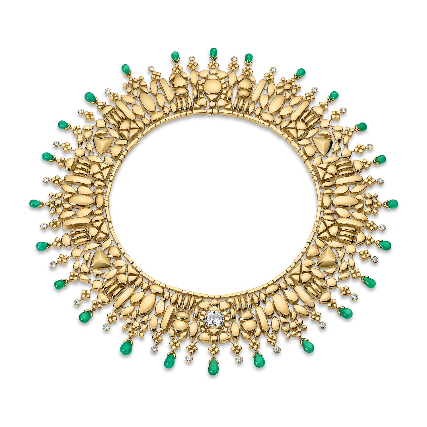 Gold necklace with emerald stones on a white background