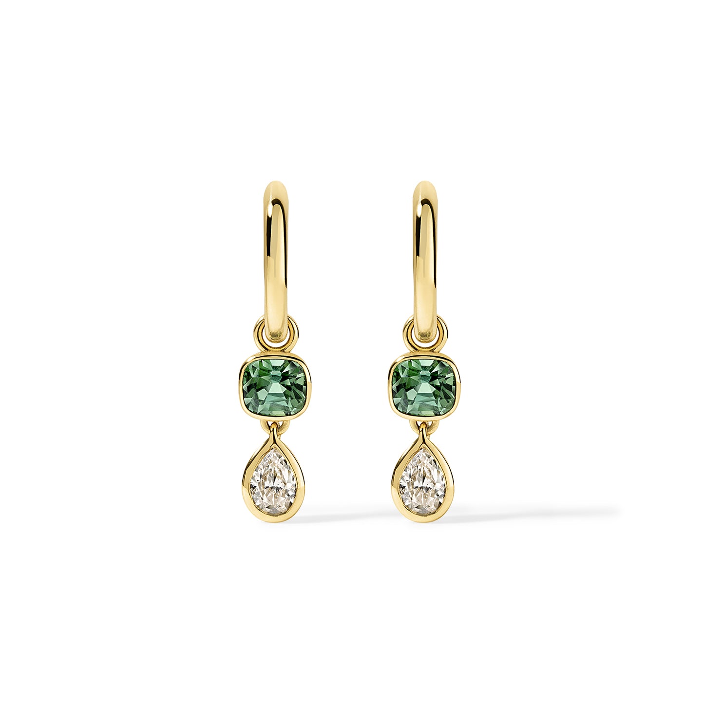 Louise Hoops 1.29tcw Green Tourmaline Cushion and 0.75tcw Pear Diamonds