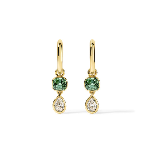 Louise Hoops 1.29tcw Green Tourmaline Cushion and 0.75tcw Pear Diamonds